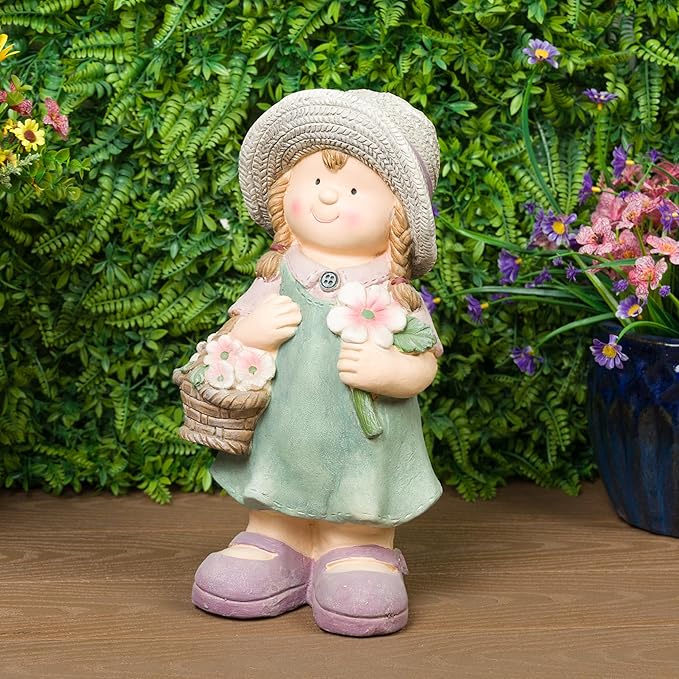 Alpine Corporation QWR1456 Indoor/Outdoor Little Girl with Flower Basket Garden Statue, Playful Child Statue for Yard, 15" H, Green