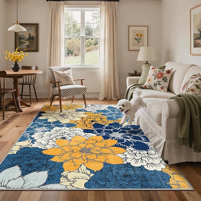 GENIMO Indoor Outdoor Area Rug 8'x10', Machine Washable Rugs for Patio, Waterproof, Non-Slip Easy Cleaning Floral Outdoor Mat Carpet for Living Room, Bedroom, RV, Balcony, Deck, Camping, Navy Blue
