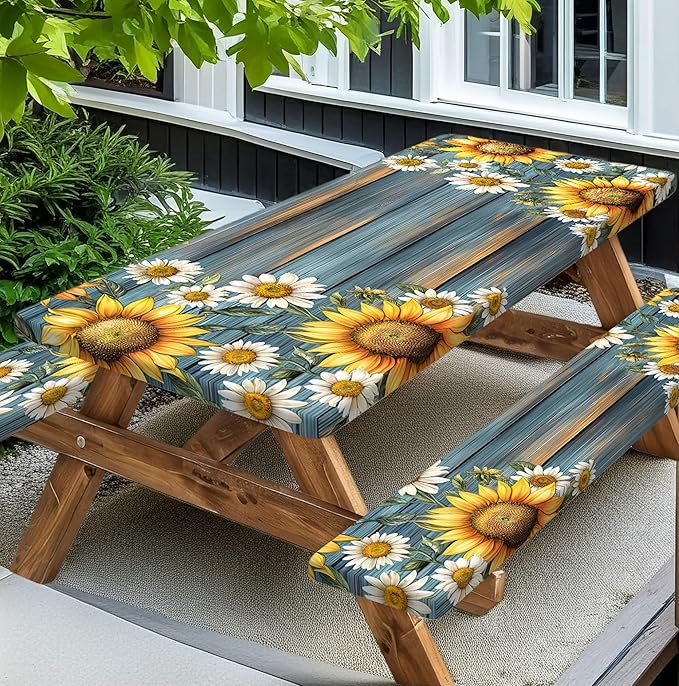 Picnic Table Cover with Bench Covers Camping Essentials Waterproof Windproof Camping Tablecloth with Drawstring Bag, Fitted Rectangle Tables and Seats, 72in, Teal Wooden Sunflower