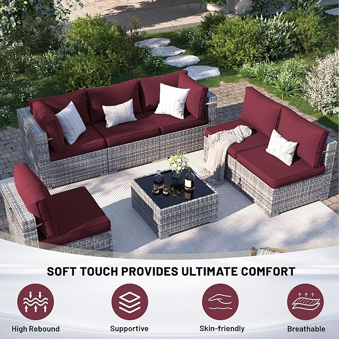 14 Piece Outdoor Sectional Cushions, Water-Resistant Outdoor Sofa Cushions Replacement, 4" High Density Foam Patio Furniture Cushions Fits 6-seat Rattan Conversation Set (Wine Red)