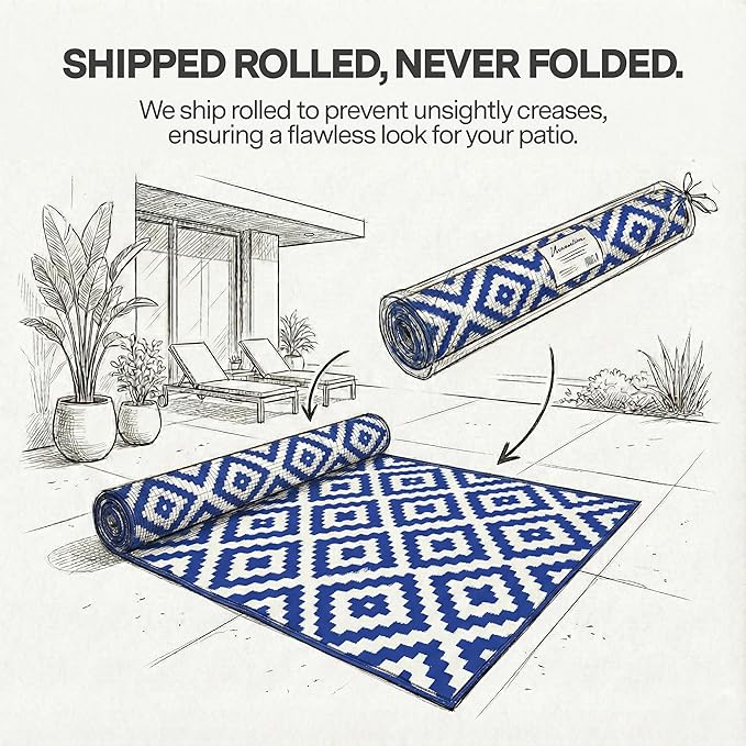 FH Home Outdoor Rug - Waterproof, Fade Resistant, Reversible - Premium Recycled Plastic - Geometric - Large Patio, Deck, Sunroom, Camping, RV - Aztec - Blue & White Crease Free - 6 x 9 ft