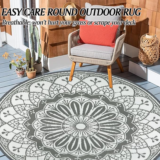 Cekene Round Outdoor Rugs for Patio 6Ft Waterproof Reversible Outdoor Patio Rugs Grey Lightweight Plastic Straw Rugs Portable RV Camping Mat Floor Carpet for Deck Porch Picnic BBQ