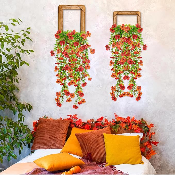 4PCS Fall Artificial Hanging Flowers Plants Decorations for Outdoor Faux Silk Daisy Mums Home Indoor Porch Patio Wall Balcony Yard Decor