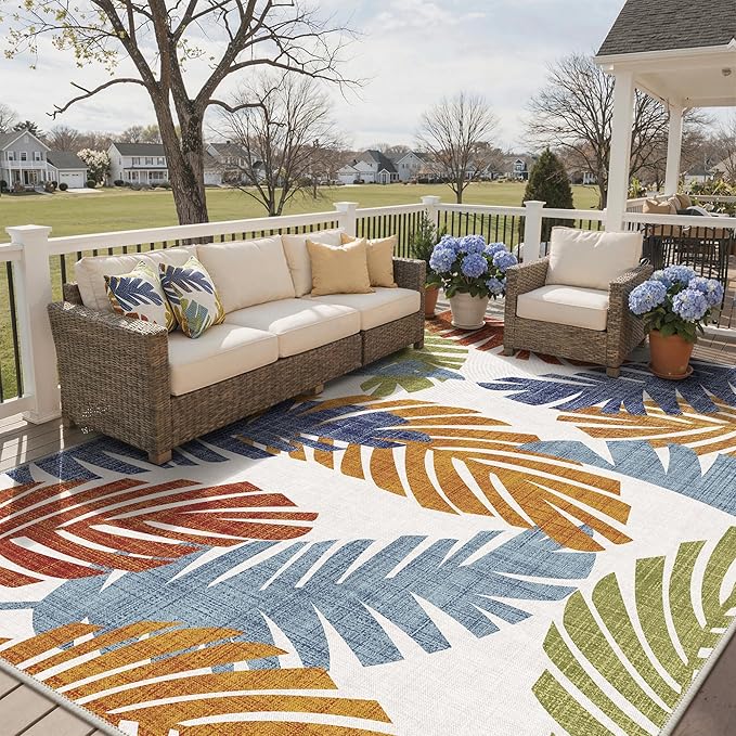 GENIMO Outdoor & Indoor Area Rug 10'x14', Waterproof, Non-Shedding, Easy Cleaning, Leaf Mat for Patio, Living Room, Balcony, Dining Room, RV, Deck, Bedroom, Camping, Outside Carpet, Tropical Rust