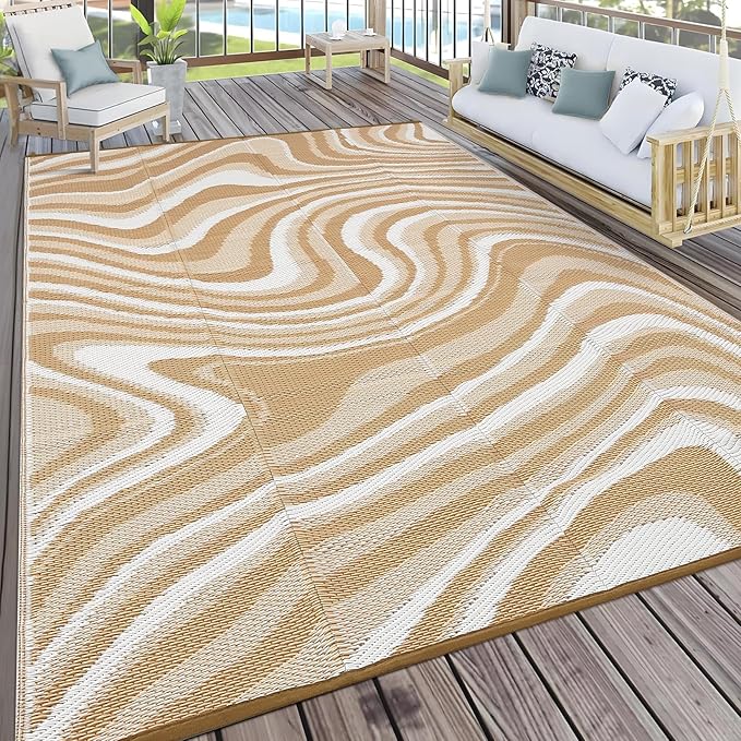 Outdoor Rug 8x10 Waterproof Patio Rugs Modern Abstarct Reversible Mat for Front Door Rv Foldable Plastic Straw Carpet for Travel Trailers, Deck, Camper, Balcony, Beach，Brown/Coffee/White