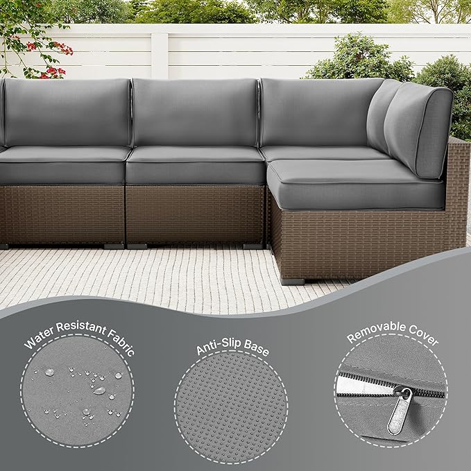 SUNCOZE 14-Piece Outdoor Cushions for Patio Furniture, 25.6"x25.6" Couch Cushion Replacement Designed for 6-Seat Sectional Sofa Sets, Anti-Slip Patio Cushions for Garden, Backyard, Porch (Grey)