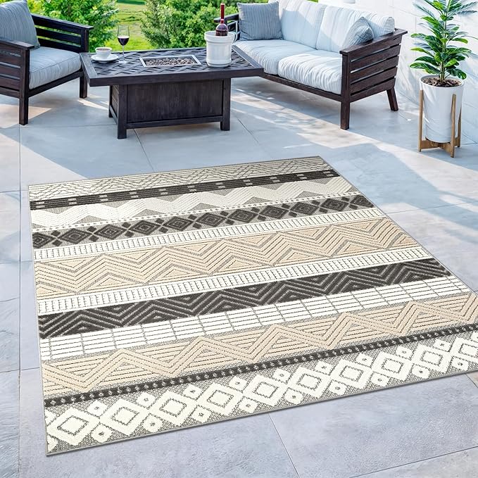 Rugshop Gray Marbella Boho Indoor/Outdoor Square Area Rug, Machine Washable for Patio, Dining Nook and Balcony 6'6" x 6'6" Square