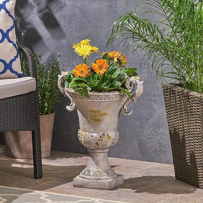 Merax 19.25'' Tall Elegant Roman Style Lightweight Concrete Planter with Botanical Accents, Square Indoor Outdoor Flower Pot with Drainage Hole & Stopper, Grey
