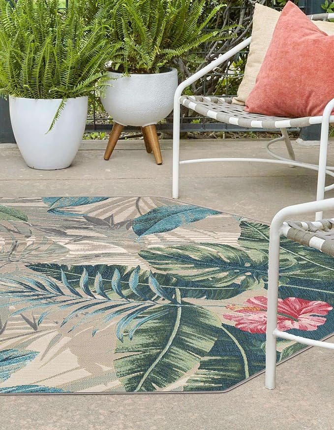 Unique Loom Outdoor Botanical Collection Area Rug - Kula (7' 1" Octagon Multi/Gray)