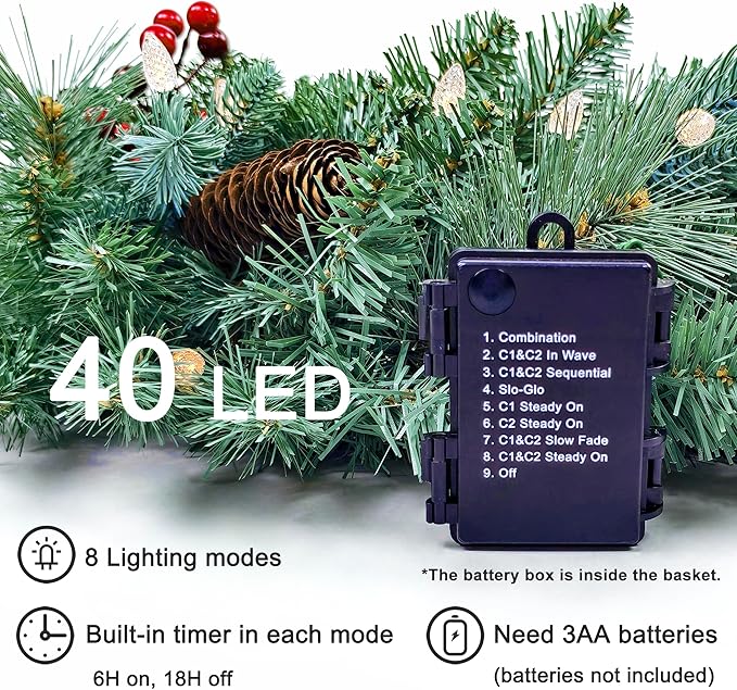 18 Inches Pre-lit Blue Spruce Artificial Christmas Hanging Basket with Red Berries, Pine Cones,40 C3 Dual-Color Multi-Functional Battery Operated LED Lights with Timer