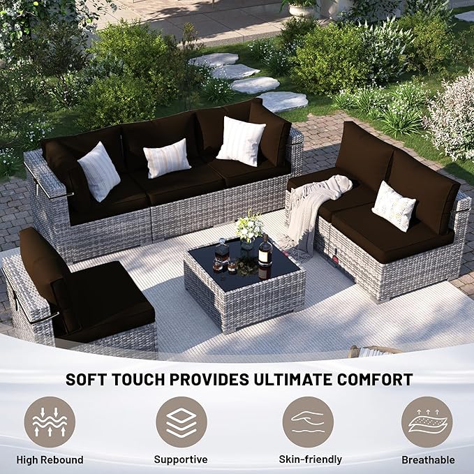 14 Piece Outdoor Sectional Cushions, Water-Resistant Outdoor Sofa Cushions Replacement, 4" High Density Foam Patio Furniture Cushions Fits 6-seat Rattan Conversation Set (Brown)