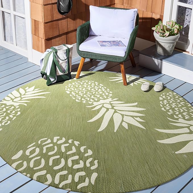 LR Home 8ft Round Indoor/Outdoor Area Rug for Home Decor | Coastal Pineapples Large Size Carpet for Living Room, Bedroom, Playroom, Patio, Garden | Tropical Farmhouse Rug | Dark Green/Beige