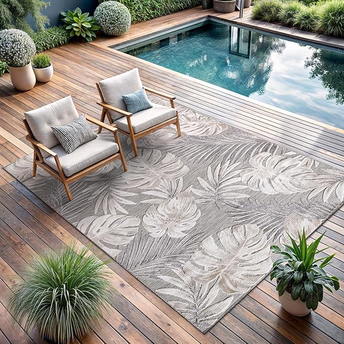 CAMILSON Indoor Outdoor Rug, Beige 6’x9’ Leaf Tropical Botanical Area Rugs for Indoor and Outdoor patios, Easy-Cleaning Non-Shedding Living Room, Garden and Kitchen Washable Outside Carpet (6x9)