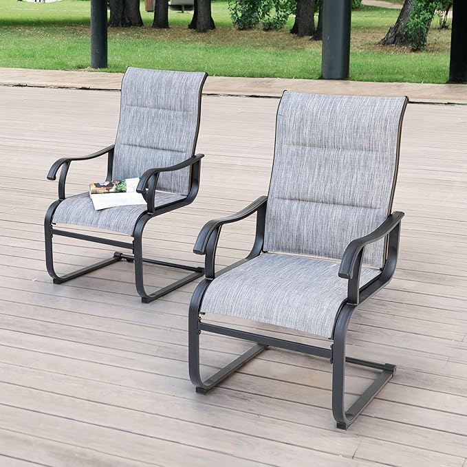 NUU GARDEN Set of 2 Patio Dining Chairs All Weather Outdoor Padded Textilene Chairs with High Back and Spring Motion Design Breathable Outdoor Dining Chairs for Deck Lawn Backyard Grey