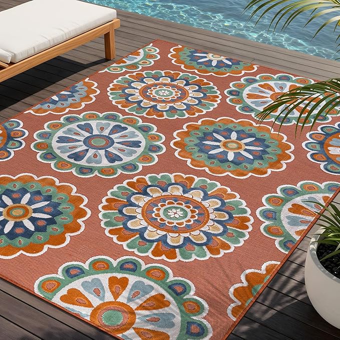 Outdoor Rug 5x7 Washable Area Rugs Indoor Outdoor Carpets Orange Bohemian Medallion Non Shedding Waterproof Easy Clean Patio Deck Porch Living Room Bedroom Garden RV (5 X 7 Orange)