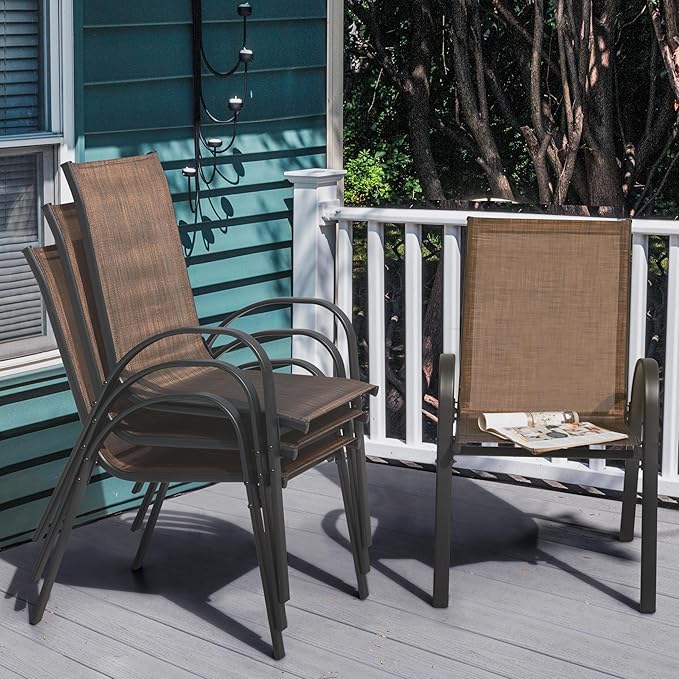 NUU GARDEN Set of 4 Patio Dining Chairs Outdoor Stackable Chairs with High Back All Weather Textilene Seats Metal Frame Breathable Garden Chairs for Deck Backyard Brown