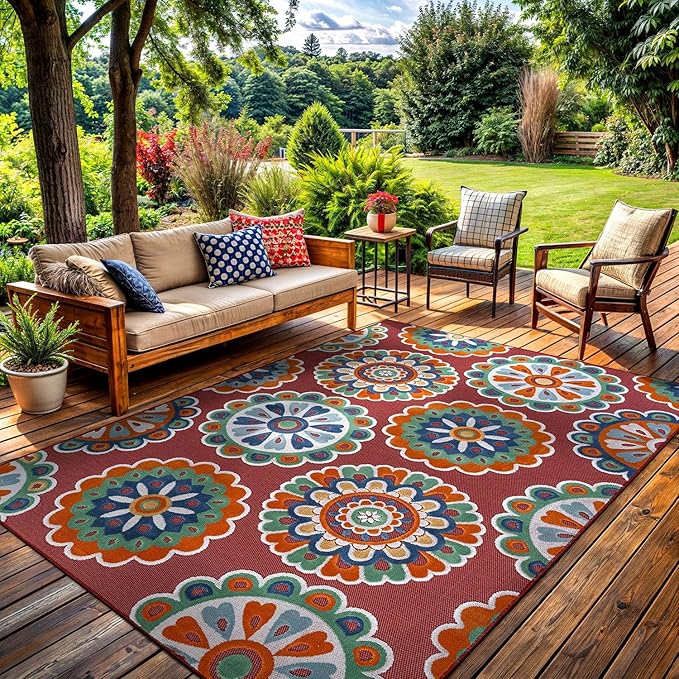 Outdoor Rug 8x10 Washable Area Rugs Indoor Outdoor Carpets Red Bohemian Medallion Non Shedding Waterproof Easy Clean Patio Deck Porch Living Room Bedroom Garden RV (8 X 10 Red)
