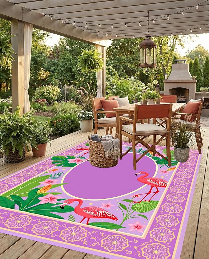 Double Layer 3D Border Design Flamingo Tropical Flower Outdoor Rug for Patio Deck Balcony Porch Garden Pool RV Camping Watepproof Easy Clean Outside Carpet Pink Lavender Green 6x9
