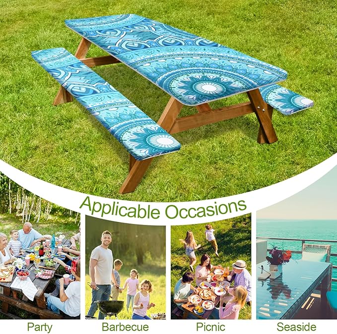 Picnic Table Cover with Bench Covers 6FT 3 Pcs Waterproof Windproof Aesthetic Camping Tablecloth with Drawstring Bag, Fitted for 6 Foot Rectangle Tables and Seats, 96in, Teal