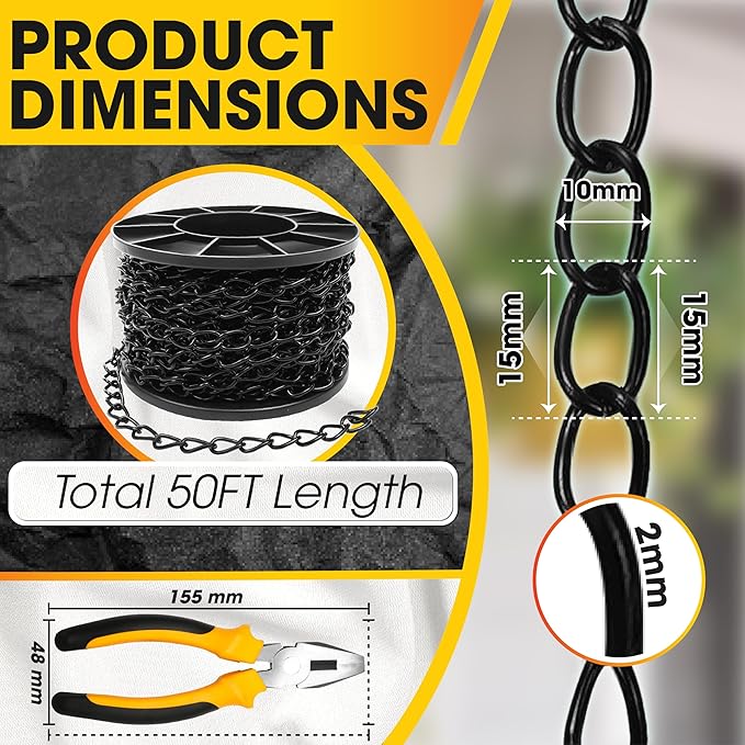 [Upgraded] 50FT Black Electroplated Steel Hanging Chain Roll, Pliers Included, 20LBS Load Capacity, Durable, Rust-Resistant, Adjustable Length for Hanging Bird Feeders, Planters, Lanterns, Billboards
