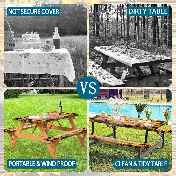 3PCS Picnic Table Cover with Bench Cover, Outdoor Patio Camping Essentials Farmhouse Sunflower Table Covers with Elastic Waterproof Camping Tablecloth with Drawstring Bag, 60In