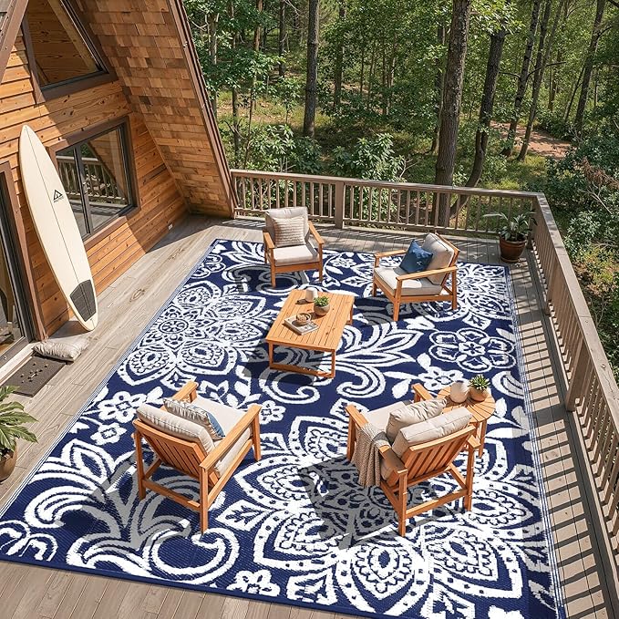 Findosom Waterproof Outdoor Rug 5' x 8' - Reversible Mandala Outdoor Plastic Straw Rug, Durable Foldable Patio Rug for RV, Deck, Balcony, Backyard, Picnic, Porch, Camping, Beach, Navy