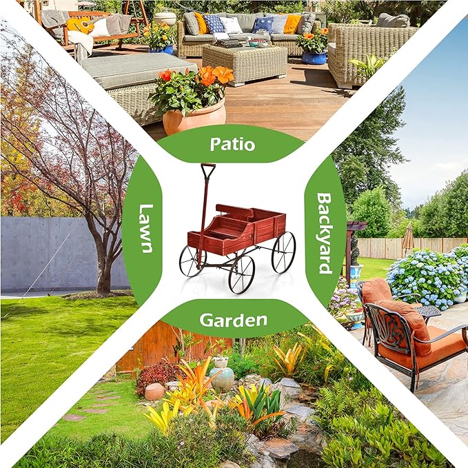 Wooden Wagon Planter, Decorative Garden Wheelbarrow Planter with 2 Planting Sections, Rolling Wheels, Adjustable Handle, Small Wagon Cart Planter Stand for Flowers Vegetables Herbs (Red)
