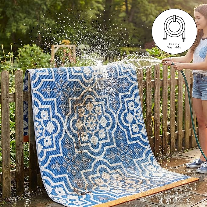 Fab Habitat Outdoor Rug - Waterproof, Fade Resistant, Crease-Free - Premium Recycled Plastic - Spanish Tile Farmhouse - Patio, Deck, Porch, Balcony, Laundry Room - Puebla - Blue - 4 x 6 ft