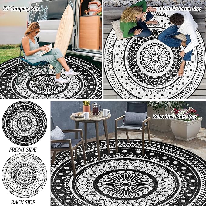 Cekene Round Outdoor Rugs for Patio 8Ft Waterproof Reversible Outdoor Patio Rugs Black Lightweight Plastic Straw Rugs Portable RV Camping Mat Floor Carpet for Deck Porch Picnic BBQ
