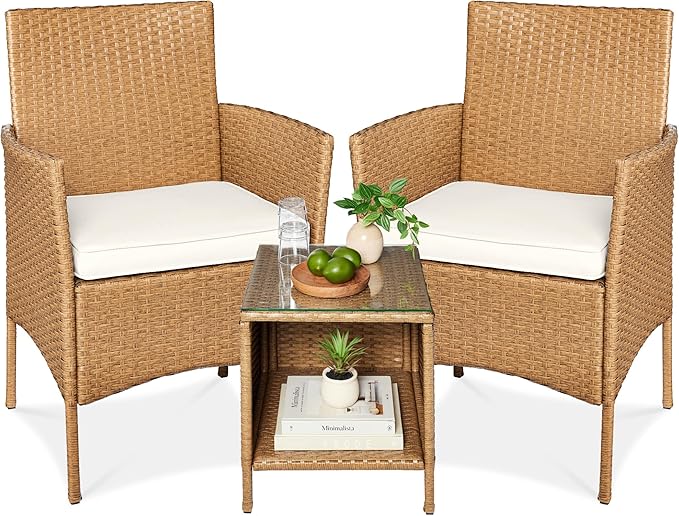 Best Choice Products 3-Piece Outdoor Wicker Conversation Bistro Set, Space Saving Patio Furniture for Garden w/Side Table - Natural/Ivory