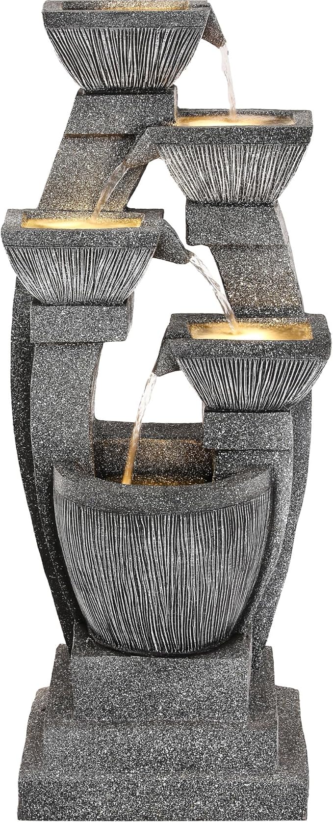 40.5" Outdoor Fountain, Four-Column & Bowls Water Feature with LED Lights, Modern Resin Soothing Cascading Waterfall for Patio, Backyard, Garden or Porch