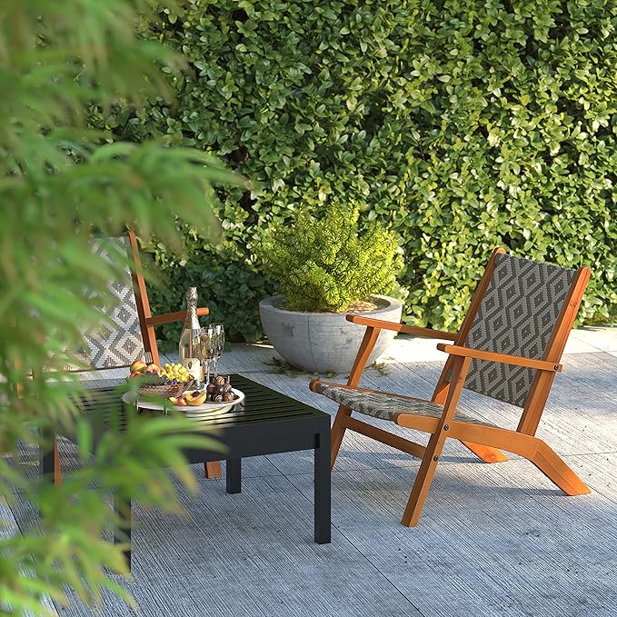 Patio Sense Balkene Home Vega Natural Stain Outdoor Chair All Weather Wicker Outdoor Chair Acacia Wood Construction Mid Century Design Comfortable Reclining Armchair - Diamond Weave Wicker