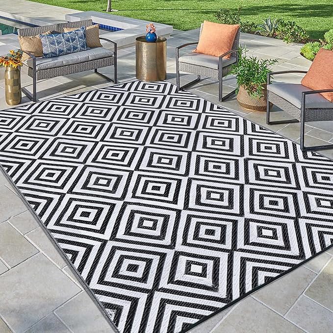 Reversible Mats, Outdoor Patio Rugs, Plastic Straw Rug, Modern Area Rug, Floor Mat for Outdoors, RV, Patio, Backyard, Deck, Picnic, Beach, Trailer, Camping (Diamond Black & White, 9' x 12')