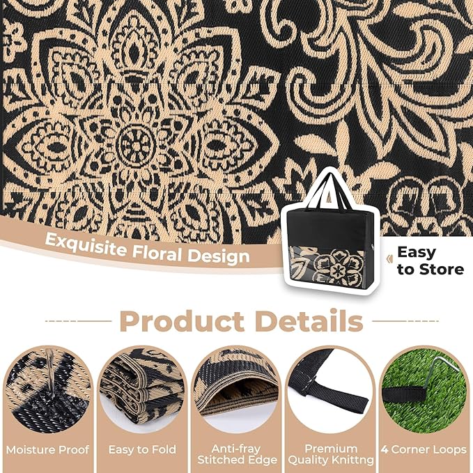 Findosom Waterproof Outdoor Rug 8' x 10' - Reversible Mandala Outdoor Plastic Straw Rug, Durable Foldable Patio Rug for RV, Deck, Balcony, Backyard, Picnic, Porch, Camping, Beach, Black