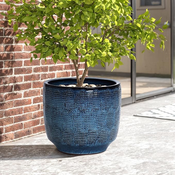 LuxenHome 15.75" Dia Large Ceramic Pots for Plants, Teal Blue Glazed Planters for Outdoor Plants, Round Indoor Flower Pots with Drainage Hole and Rubber Plug for Home Garden Patio