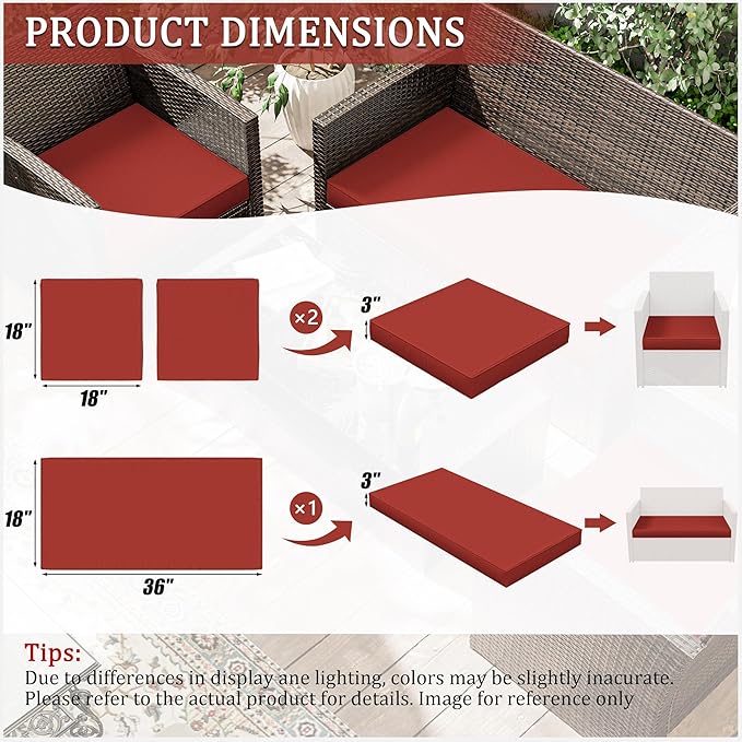 3 Pack Outdoor Replacement Cushions,36L x 18W x 3H,18L x 18W x 3H inch, High-Elastic Replacement Sponge for 4-Seater Water-Resistant Patio/Sofa with Removable Covers (Terra Red)