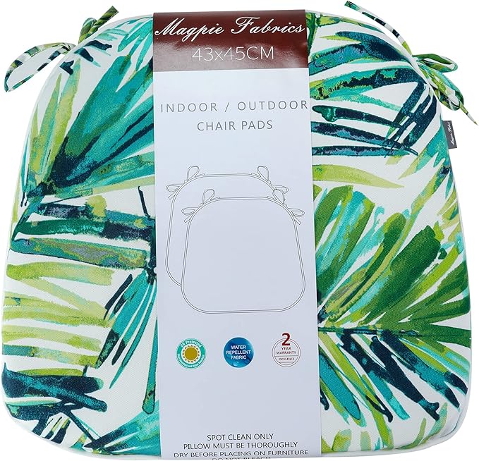 Magpie Fabrics 17"x16"x2" U-Shape Chair Cushions with Ties 4 Count, Outdoor Indoor Waterproof All Weather Seat Pads Decoration for Patio Garden Dining Office - Green Palm Leaves
