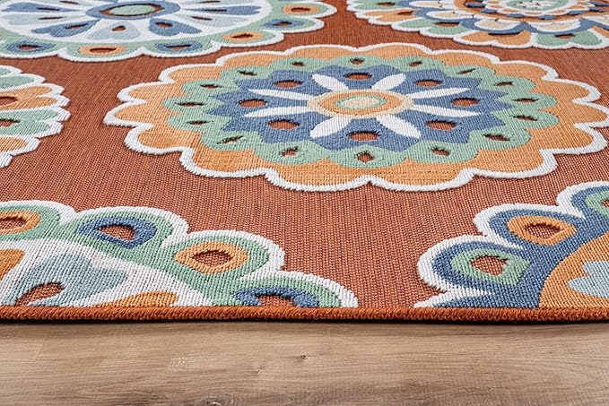Outdoor Rug 9x12 Washable Area Rugs Indoor Outdoor Carpets Orange Bohemian Medallion Non Shedding Waterproof Easy Clean Patio Deck Porch Living Room Bedroom Garden RV (9 X 12 Orange)