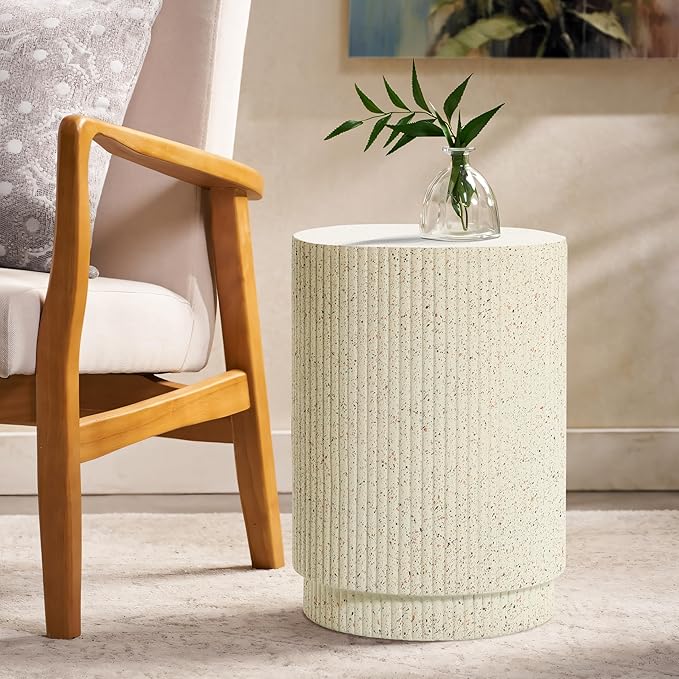 LuxenHome Cream Cement Round Outdoor Side Table, End Tables for Patio, Garden Small Accent Decorative Stool, Plant Stand Drum Table Indoor and Outdoor
