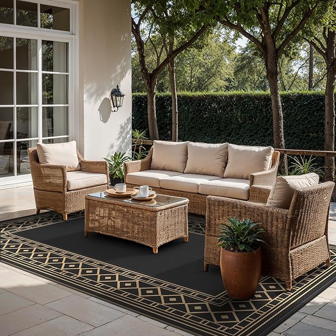 GENIMO Outdoor Rug Waterproof for Patio Decor, 10'x20' Foldable Reversible Plastic Straw Carpet, Outside Area Mat for Rv, Deck, Picnic, Porch, Camper, Balcony, Beach, Black & Brown