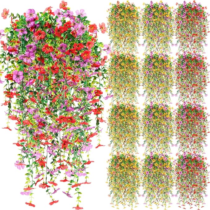 Hoteam 48 Pack Artificial Hanging Flowers Plants for Outdoors 30 Inch UV Resistant Fake Plastic Faux Artificial Plants Bulk for Planter Porch Patio Yard Garden Wedding Wall Indoor