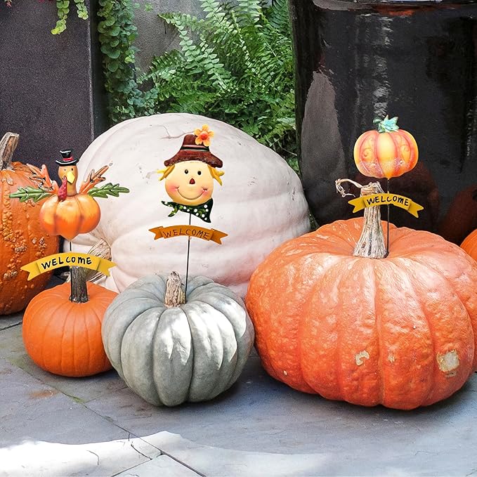 Fall Thanksgiving Halloween Garden Stakes, 3 Pcs Vintage Handmade Metal Yard Decors Featuring Pumpkin, Scarecrow & Turkey, Seasonal Outdoor Lawn & Indoor Décor, for Home & Garden Lovers