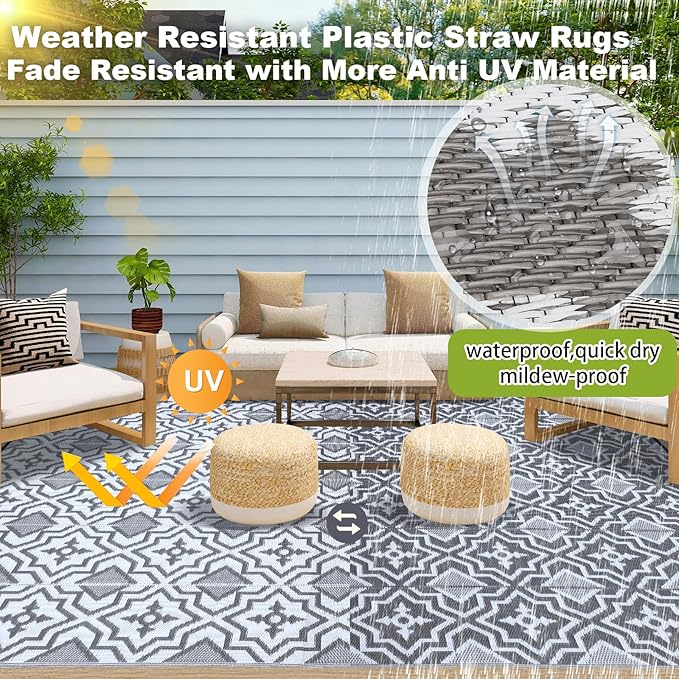 Outdoor Plastic Straw Rug 8x10 Waterproof Outdoor Patio Rug,Porch Balcony Rug,Reversible Rv Camping Floor Mat Outside Mat Camping Gifts(Grey&White, 8'x10')