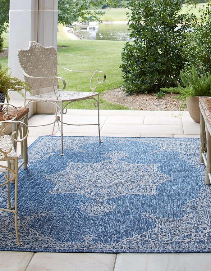 Unique Loom Outdoor Traditional Collection Area Rug - Antique (7' 10" x 10' Rectangle Blue/Ivory)
