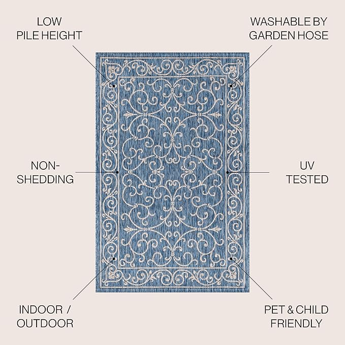 JONATHAN Y Vintage Filigree Indoor Outdoor Square Area Rug 5X5 Navy/Gray, Charleston Textured Weave for Backyard, Patio, Porch, Easy-Cleaning, High Traffic, Pet-Friendly, Non-Shedding (SMB106D-5SQ)