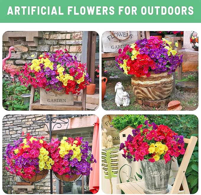 16PCS Artificial Fake Outdoor Flowers Plants, Faux Silk Realistic Morning Glory Floral Arrangement Planter UV Resistant for Porch Patio Window Box Balcony Garden Decor (Eucalyptus Grass 4 Colors)
