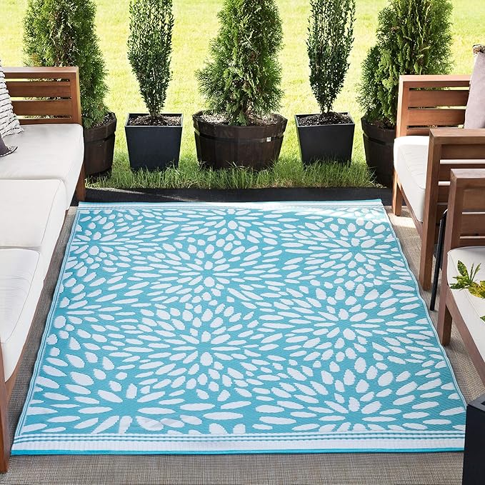 Tayse Nuala Aqua Reversible Plastic Straw 9x12 Indoor Outdoor Rug for Patios Garden Picnic Camping Mats Waterproof and Washable