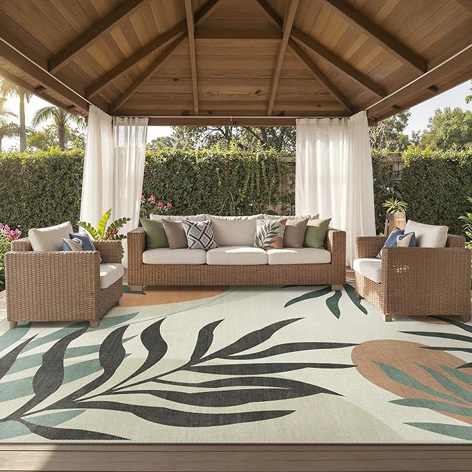 GENIMO Outdoor & Indoor Area Rug 10'x14', Waterproof, Non-Shedding, Easy Cleaning, Leaf Mat for Patio, Living Room, Balcony, Dining Room, RV, Deck, Bedroom, Camping, Outside Carpet, Beige Grey