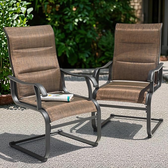 NUU GARDEN Patio Dining Chairs Set of 4, All Weather Outdoor Padded Textilene Patio Chairs, Breathable Spring Motion Textile High Back Outdoor Dining Chairs for Backyard, Lawn, Deck, Brown