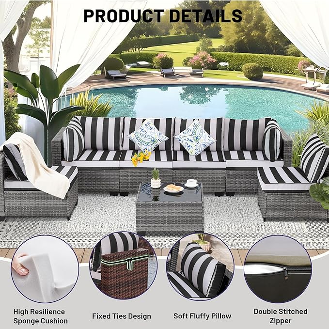 14 Piece Outdoor Sectional Cushions, Water-Resistant Outdoor Sofa Cushions Replacement, 4" High Density Foam Patio Furniture Cushions Fits 6-seat Rattan Conversation Set (Black White Stripes)
